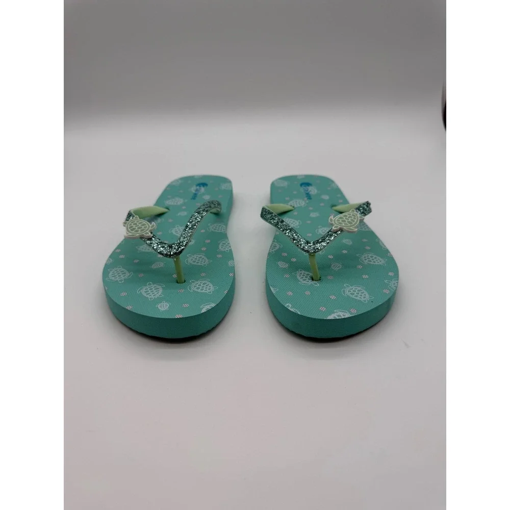Girls Sea Turtle Glitter Flip Flop Sandals Teal Blue Green Size 4 Kids